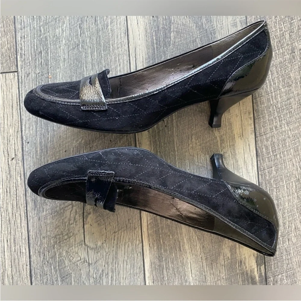 NWT Franco Sarto Kitten Heels Black Suede Penny Loafer Pumps Size 10.5 N Narrow
